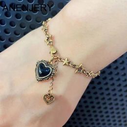Pulseras de enlace Anenjery Black Love Shape Star Bracelet para mujeres Joyas de Declaración de color de oro vintage