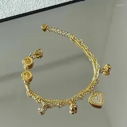 Link Armbanden Anenjery Goud kleur liefde hart zirkoon hangers bracelet dubbele laag ketting charm valentijnsdag sieraden geschenken voor vrouwen