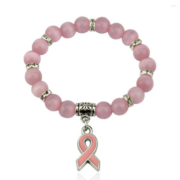 Lien Bracelets Arrivée Sensibilisation Au Cancer Du Sein Bijoux Blanc Rose Opale Perlé Bracelet Ruban Charme BraceletsBangles