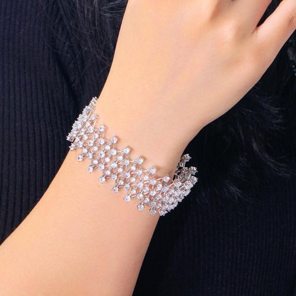 Pulseras de eslabones BeaQueen, abalorio de redes de piedras CZ redondas brillantes para mujer, fiesta de noche, Color plata, brazalete ancho grande, regalos para novias B250