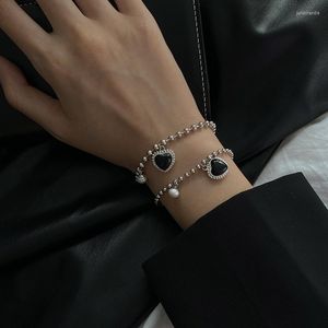 Link Armbanden Black Heart Hanger Peads Bracelet voor vrouwen Punk Elegant Imitatie Pearl Bangles Hip Hop Koreaanse stijl Fashion sieraden