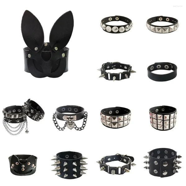 Pulseras de eslabones Pulsera de cuero negro Brazalete Gótico Gótico Punk Mujeres Hombres Picos Remache Stud Brazalete Cosplay Rock Joyería unisex