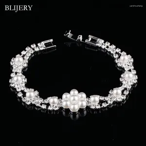 Link Armbanden Blijery Bridal Simulated Pearl Flower For Women Silver Color Crystal Femme Bangles Wedding Party Sieraden