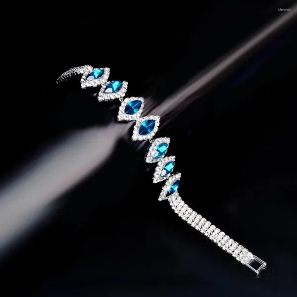 Pulseras de eslabones Blijery elegante pulsera de cristal azul pavo real para mujer brazalete de diamantes de imitación regalo de boda nupcial plateado encanto