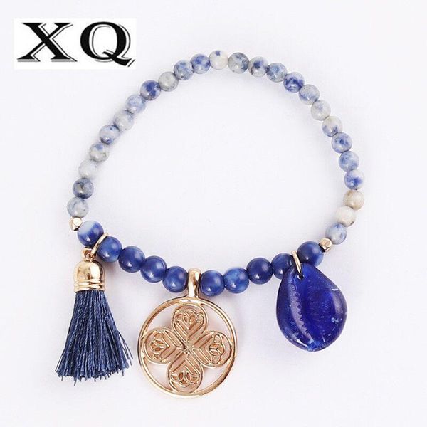 Pulseras de eslabones Cuentas azules Tamaño de cuerda elástica Tamaño de piedra ajustable Borla Colgante Blanco Aleación de zinc Pulsera redonda Mujer Joyería de vacaciones