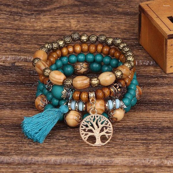 Bracelets à maillons bleu Style bohémien, multicouches en bois, perles pour femmes, bijoux élastiques, cadeau, vente en gros