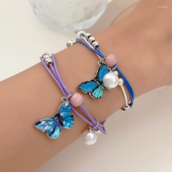 Pulseras de eslabones Pulsera de cuero con perlas de mariposa azul Amistad simple Hermanas Mujeres Adolescentes Niñas Delicados Lukcy Regalos de cumpleaños para ella