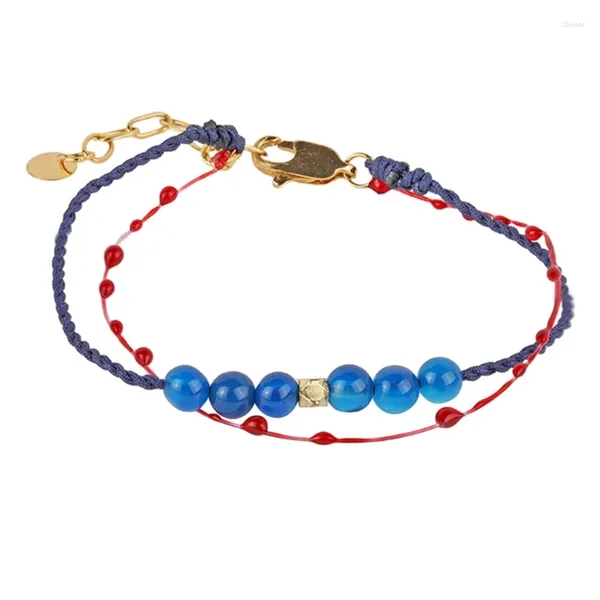 Pulseras de eslabones Pulsera de gota de sangre de jade azul Resina y aleación Tamaño ajustable Joyería de muñeca de moda de doble capa para niñas y mujeres