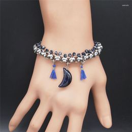 Bracelets à maillons en grès bleu, en acier inoxydable, style Boho, couleur argent, bijoux à pampilles pour femmes, B18660