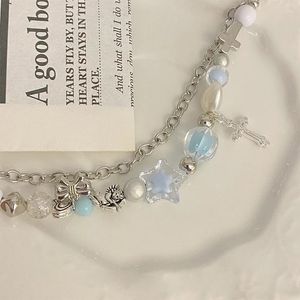 Bracelets liens bracelet perlé de perle de perle de mer bleue pour femmes 2024 Retro Cross Double Layer Cadeau d'épissage polyvalent à la mode