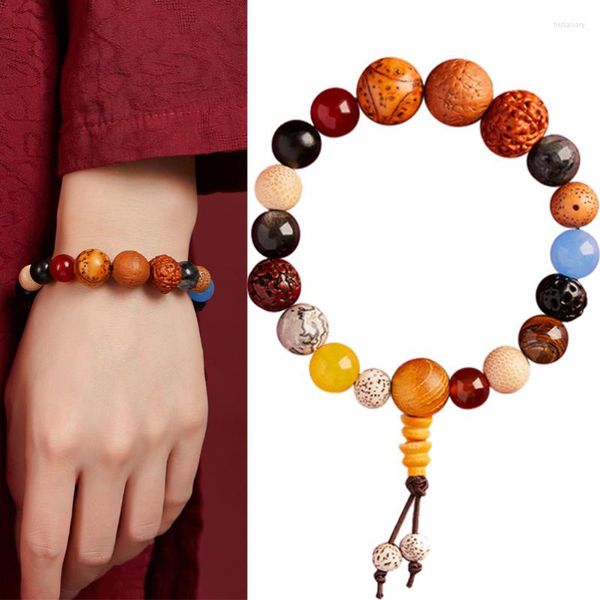 Pulseras de eslabones Bodhiko Buddha Beads Pulsera para hombres Mujeres 18pcs Gema Madera Budista Creencia Curación Amantes Brazalete Joyería Regalos