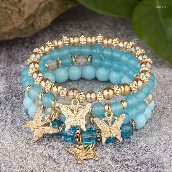 Pulseras de eslabones Bohemia, cadenas de cuentas de cristal azul para mujer, colgante de mariposa Vintage multicapa, joyería con dijes exóticos a la moda