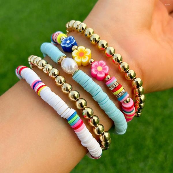 Pulseiras de link Bohemia Polymer Clay Flower Beading Bracelet Para Mulheres Simplicidade Verão Colorido Frisado Cadeia Bangle Meninas Boho Jóias