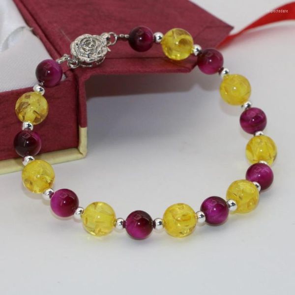 Lien Bracelets Bohême Style 8mm Faux Jaune Résine Cire D'abeille 6mm Naturel Rouge Tigre Pierre Perles Fermoir Rond Bracelet Bijoux 7.5 pouces B2753