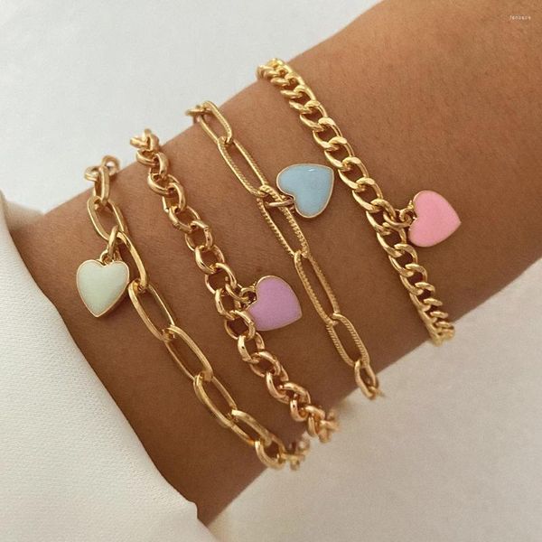 Pulseras de eslabones, moda bohemia, colgante de corazón colorido para mujeres, dije para chicas, cadena de Metal, regalo de joyería femenina