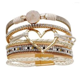 Bracelets à maillons en Faux cuir style bohémien, breloque en forme de cœur, bijoux de poignet élégants pour femmes, résistant à la rouille, Six couches pour filles