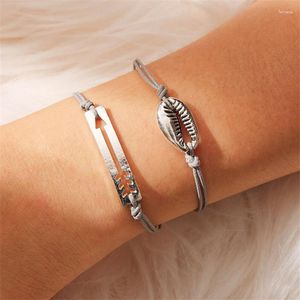 Schakelarmbanden Bohémien Zilver Kleur Shell Arrow Armband 2-delige set Gevlochten touw Verstelbare handketting Creatief Dames Feestsieraden