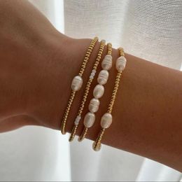 Bracelets à maillons BohoBliss Perle d'eau douce avec bracelet de perles plaqué or pour femme Bracelet empilable Cadeau de mariage Fabriqué à la main Mode