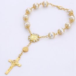 Link armbanden armband imitatie Pearl kralen katholieke rozenkrans heilige communie cadeau cadeau kruisbeeld hangers legering sieraden