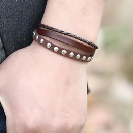 Lien Bracelets Marron Hommes Bracelet En Cuir Multicouche Bracelet Snap Antidérapant Manuel Tressé Pull-out Garçons Décoration Mature