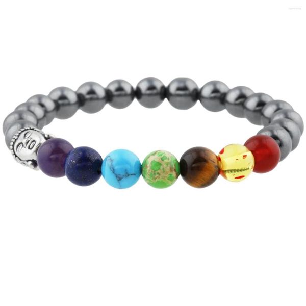 Bracelets à maillons tête de bouddha, perles en pierre hématite naturelle, 7 chakras, prière élastique, bijoux cadeau pour hommes et femmes