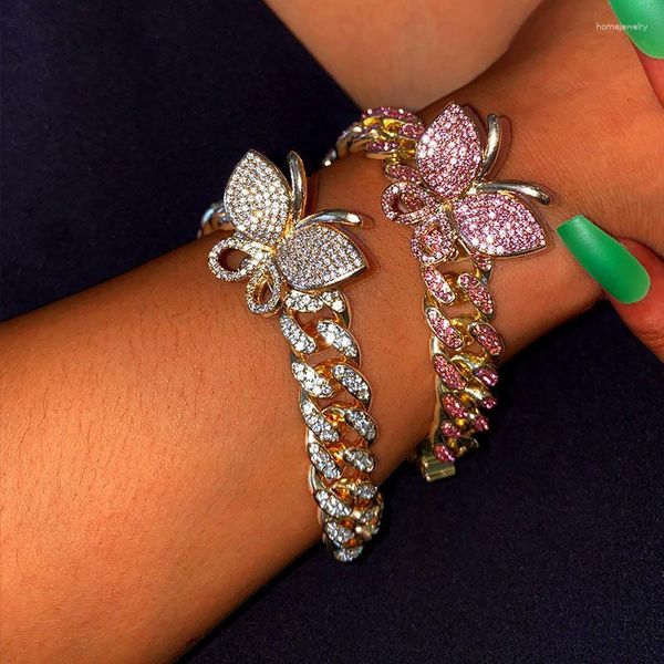 Pulseras de eslabones BYNOUCK 4 colores 12 mm Miami Cuban Iced Out Crystal Butterfly para mujeres Full Rhinestone Pavimentado Cadena de mano Joyería