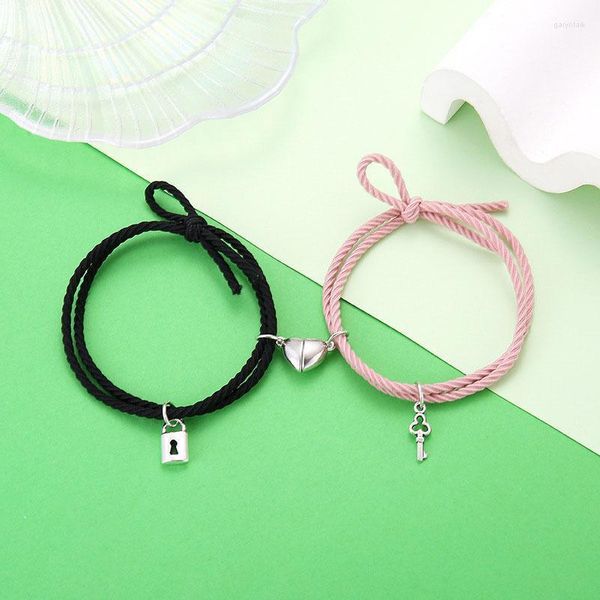 Pulseras de eslabones Cadena 1 par Imán Pareja para amantes Bloqueo Corazón Pulsera magnética Mujeres Hombres Cuerda trenzada ajustable Regalo de la joyería