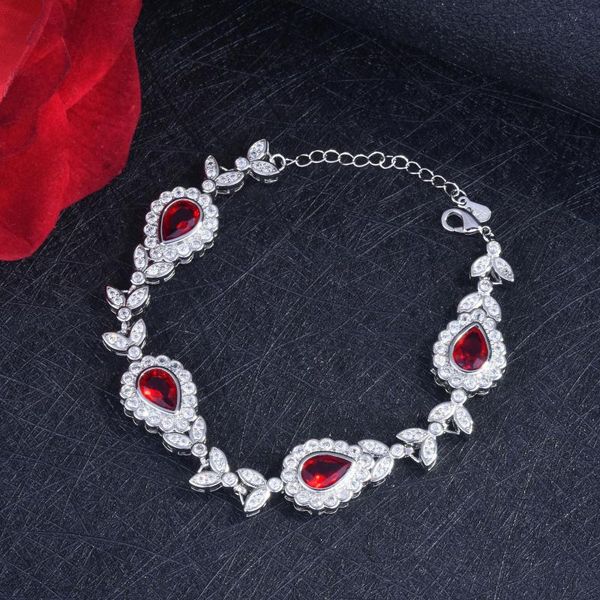 Pulseras de eslabones Cadena Moda Retro Lujo Rupia Rubí Rojo Agua En forma de gota Cristal Zircon Pulsera Joyería de boda para WomenLink