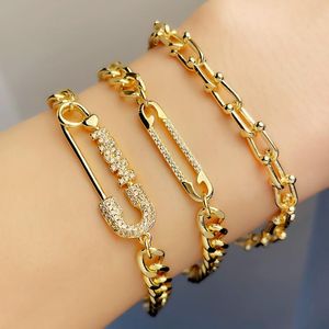 Pulseras de eslabones Cadena de oro Curb Safety Pin Brazaletes para mujeres Chunky Cuban Wrist CZ Pave Venta al por mayor JewelryLink