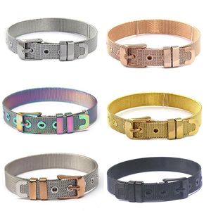 Pulseras de eslabones Cadena de malla de acero inoxidable de oro rosa para mujeres con cuentas de color plateado Charm Watch Belt Bangles As Girls GiftLink