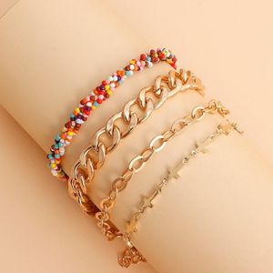 Link armbanden ketting eenvoudige geometrische legering kruis kleurrijke rijstkralen 4 -delige set armband voor vrouwen sieraden accessoiresslink