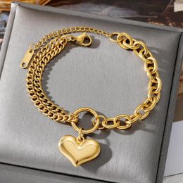 Pulseras de eslabones, pulsera de corazón de acero inoxidable a la moda para mujeres y niñas, cadena circular de Color dorado, joyería para mujer