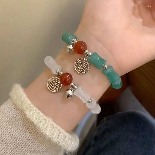 Pulseras de eslabones de estilo chino, pulsera de bambú de cristal verde para mujer y niña, brazalete con cuentas elásticas Vintage, regalo para amantes de la joyería