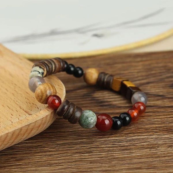 Pulseras de eslabones estilo chino vintage ágata cuentas de piedra pulsera para mujeres niñas colorido hecho a mano tejido irregular con cuentas regalos elásticos