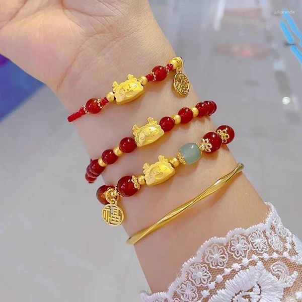 Bracelets à maillons Style chinois Dragon du zodiaque Bracelet porte-bonheur pour femmes hommes apporte richesse santé bonne chance rouge perlé Couple bijoux cadeaux