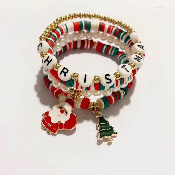 Pulseras de eslabones Estilo navideño Pulsera con cuentas de arcilla polimérica Dulce y encantador árbol de perlas Todo a juego Accesorio de mano de dibujos animados