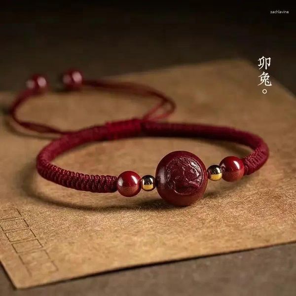 Pulseras de eslabones Pulsera de cinabrio 12 Zodíaco Año de nacimiento Transferencia de cuentas Tejido ajustable Pareja masculina Amuleto de cuerda roja