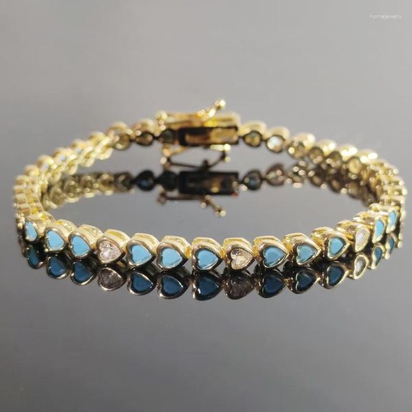 Lien Bracelets Classique Mode Amour Coeur Tennis Bracelet 5A CZ Et Turquoise Plaqué Or Couleur 17cm 19cm Bijoux Pour Femmes Accessoires