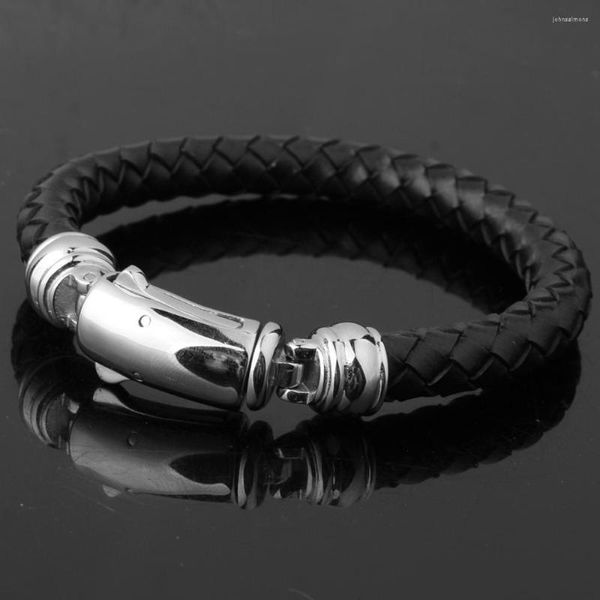 Lien Bracelets classique hommes artisanat en cuir véritable Bracelet en acier inoxydable mode bouton fermoir Bracelets bijoux goutte