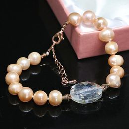 Link Armbanden Classical Natural Freshwater Orange 9-10mm Pearl Bracelet Round kralen Crystal Mooie mooie sieraden B1409