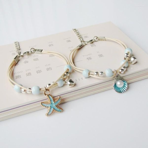 Pulseras de eslabones coloridos lindos dibujos animados estrella de mar colgante de concha pulsera de cuentas tejidas a mano para mujeres niñas delicado elegante perla regalos de amistad