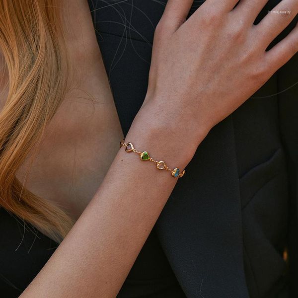 Bracelets à maillons Bracelet en pierre de coeur coloré en métal connecté pendentif multicolore chaîne en argent en or pour femme