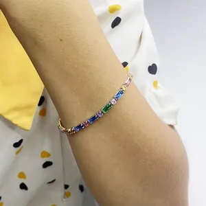 Pulseras de enlace Colorido Zircon CZ Tennise Pulsera de cobre para mujeres Oro Platino Color Iced Out Stone Cadena de muñeca Joyería Fiesta de cumpleaños