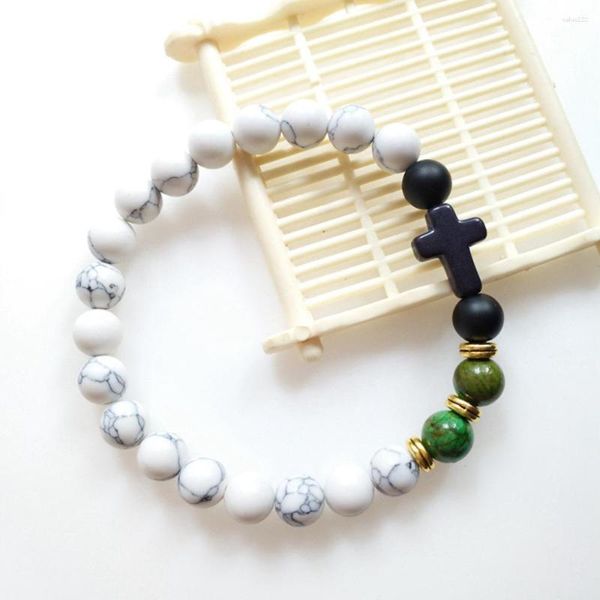 Pulseras de eslabones Cottvo17Styles Batismo Primera Comunión Piedra volcánica natural Cristal Cruz Cadena con cuentas Pulsera elástica Joyería de favor de la iglesia