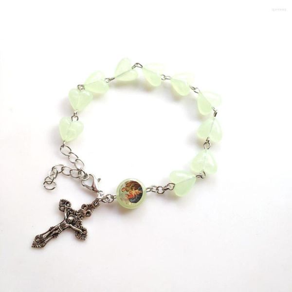 Pulseras de eslabones CottvoGirls Vintage Cruz Crucifijo Charms Religioso Luminoso Corazón Cuentas Cadena Santo Sacramento Bautismo Joyería Regalos