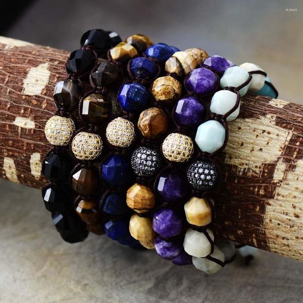 Pulseras de eslabones Joyería para parejas Piedra natural Bola de circón Pulsera de macramé tejida Hombre Mujer Amigo Amantes Brazalete Accesorios de moda