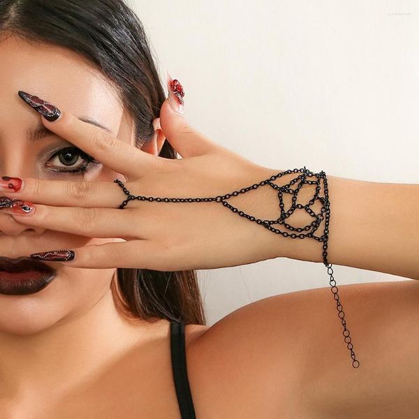 Pulseras de eslabones creativo gótico negro dedo cadenas para la muñeca anillos mujeres danza del vientre conexión arnés de mano joyería de Halloween