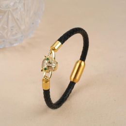 Schakelarmbanden Kubieke Zirkonia Luipaardkop Lederen Touw Gevlochten Armband Heren Manchet Roestvrij staal Bangle Voor Feest Dagelijks gebruik Sieraden Geschenk