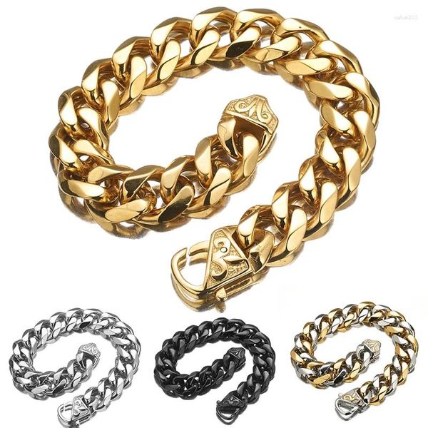 Bracelets à maillons pour hommes, chaîne cubaine, argent, or, noir, acier inoxydable, bijoux grand-mère Chic, 15mm
