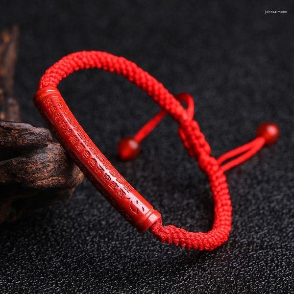 Pulseras de eslabones personalizadas Corazón de cinabrio rojo natural Cuentas de meridiano Pulsera Jade Tejido a mano redondo Joyería Moda Hombre Mujer Suerte Amuleto